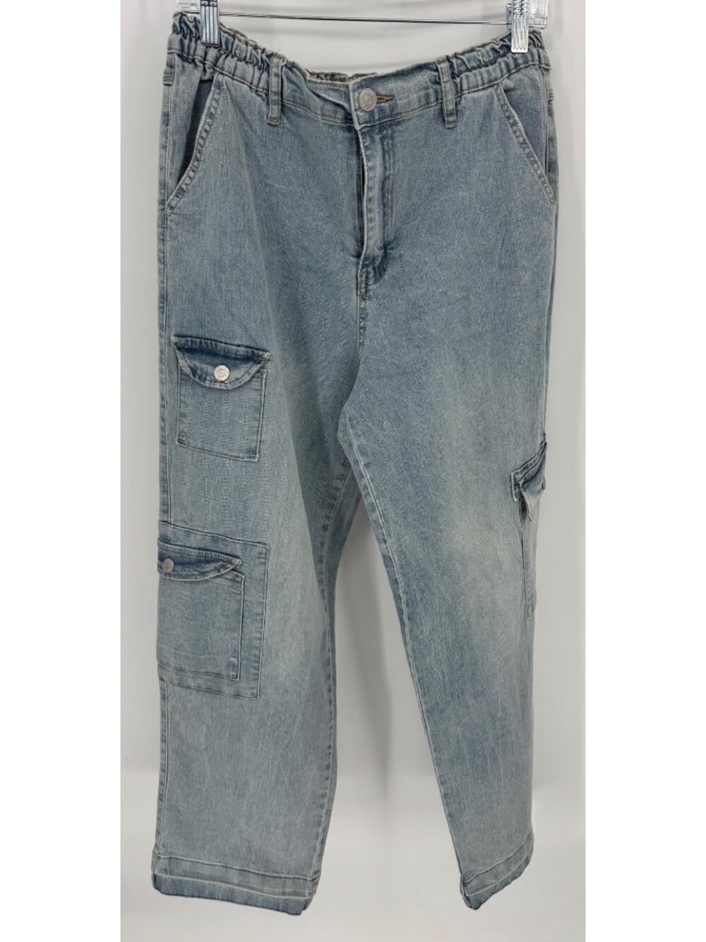 Madden Girl Womens Elastic Waist Light Wash Denim Cargo Pants Size Large